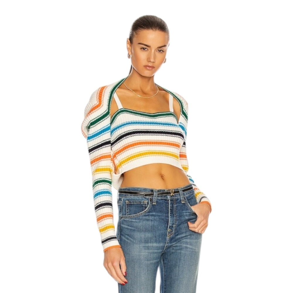 ROSIE ASSOULIN | Rainbow Striped Cutout Wool Cropped Sweater XS - Picture 9 of 11
